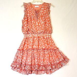 Adrienne Ruffle Hem Dress Coral Print Sleeveless M Lined